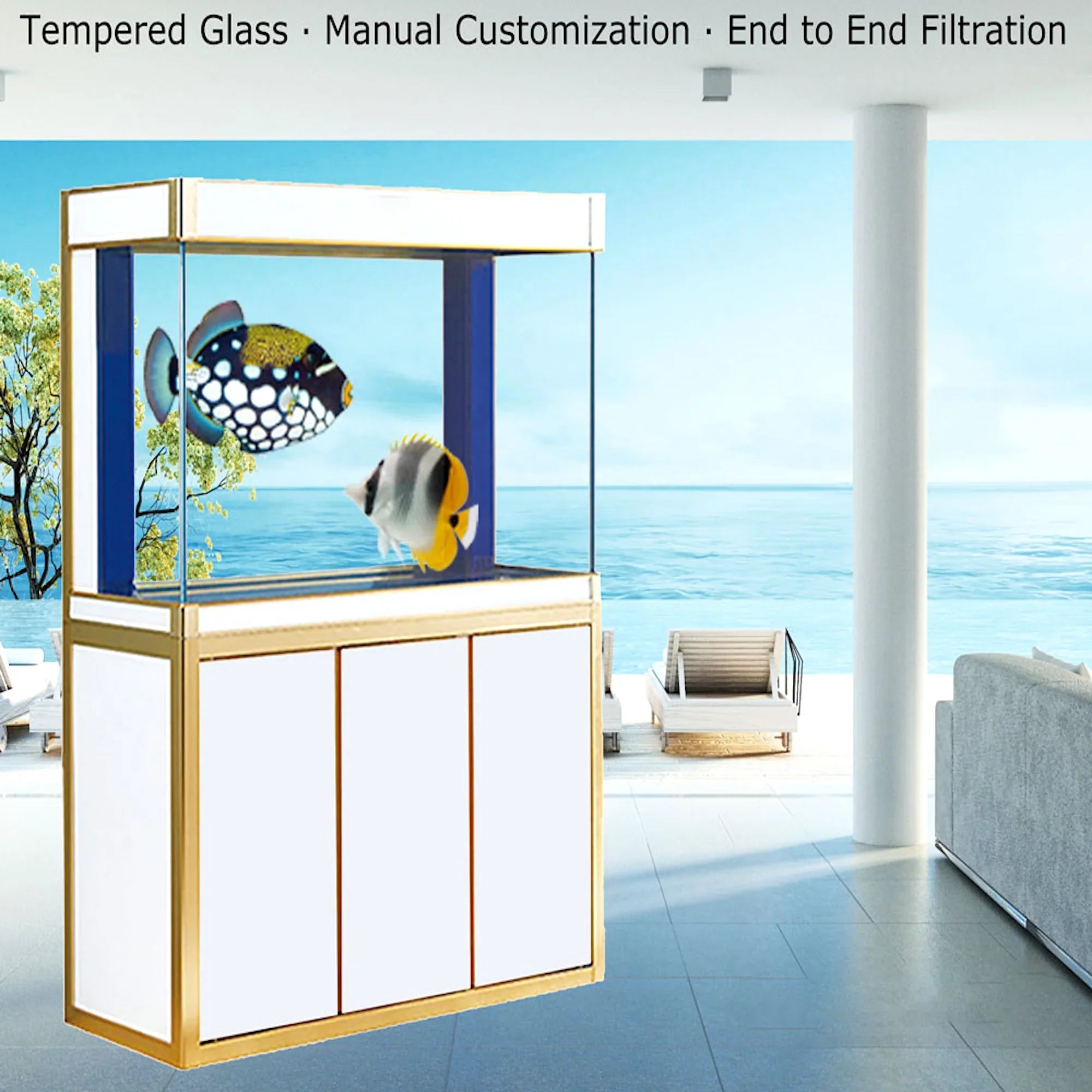 Aqua Dream 135 Gallon Tempered Glass Aquarium White and Gold