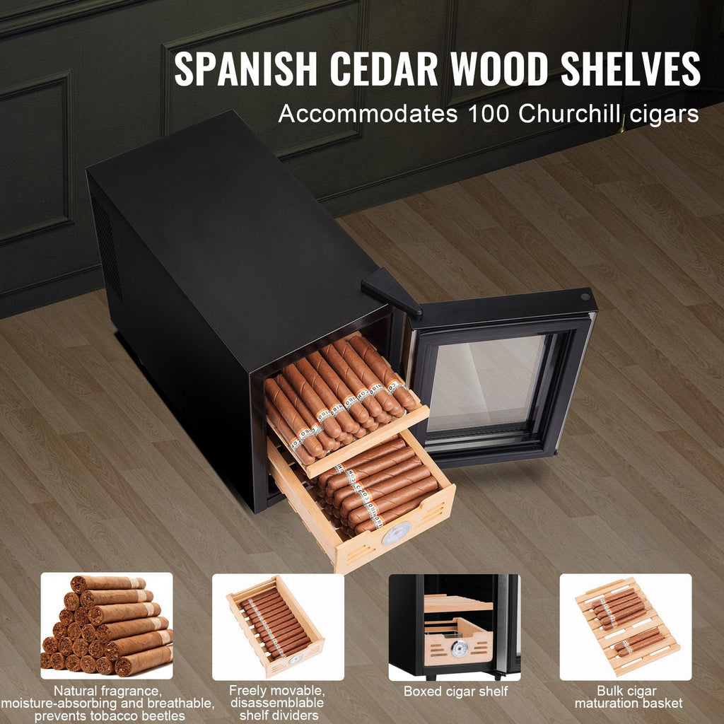 VEVOR Electric Cigar Humidor, 16L Cigar Humidor Cabinet with Heating & Cooling Temp Control System, Spanish Cedar Wood & Tempered Glass & LED Light Cigar Humidor, for Up To 100 Cigars, Gift for Men