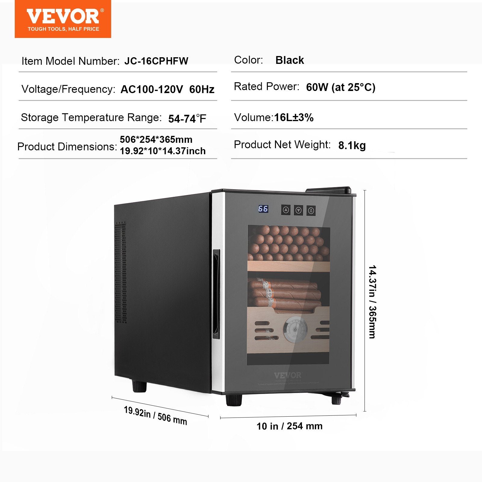 VEVOR Electric Cigar Humidor, 16L Cigar Humidor Cabinet with Heating & Cooling Temp Control System, Spanish Cedar Wood & Tempered Glass & LED Light Cigar Humidor, for Up To 100 Cigars, Gift for Men