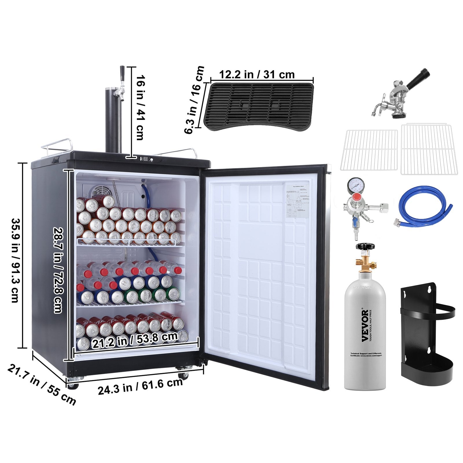 VEVOR Beer Kegerator, Single Tap Draft Beer Dispenser, Full Size Keg Refrigerator With Shelves, CO2 Cylinder, Drip Tray & Rail, 32°F- 75.2°F Temperature Control, Holds 1/6, 1/4, 1/2 Barrels, Black