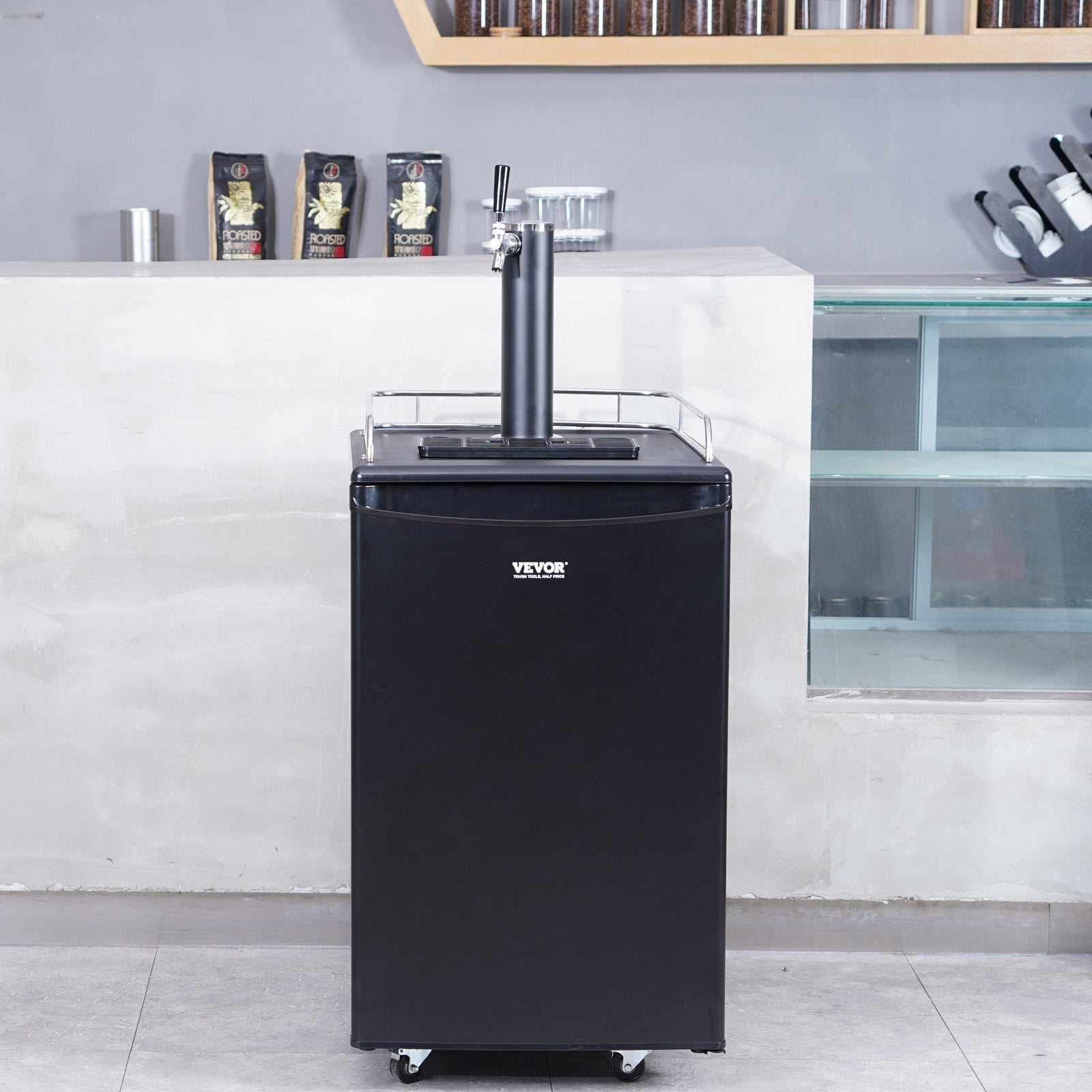 VEVOR Beer Kegerator, Single Tap Draft Beer Dispenser, Full Size Keg Refrigerator With Shelves, CO2 Cylinder, Drip Tray & Rail, 32°F- 50°F Temperature Control, Holds 1/6, 1/4, 1/2 Barrels, Black