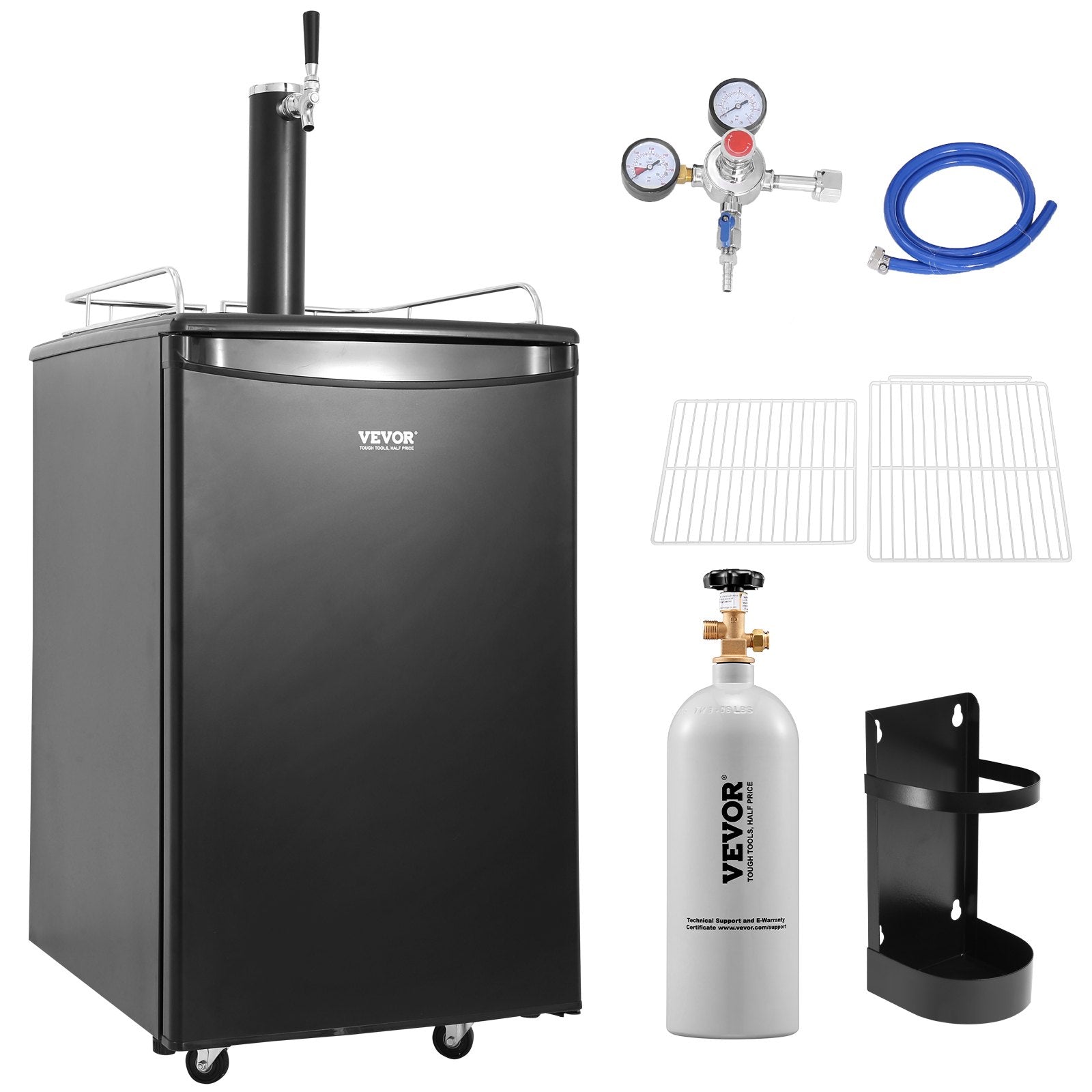 VEVOR Beer Kegerator, Single Tap Draft Beer Dispenser, Full Size Keg Refrigerator With Shelves, CO2 Cylinder, Drip Tray & Rail, 32°F- 50°F Temperature Control, Holds 1/6, 1/4, 1/2 Barrels, Black
