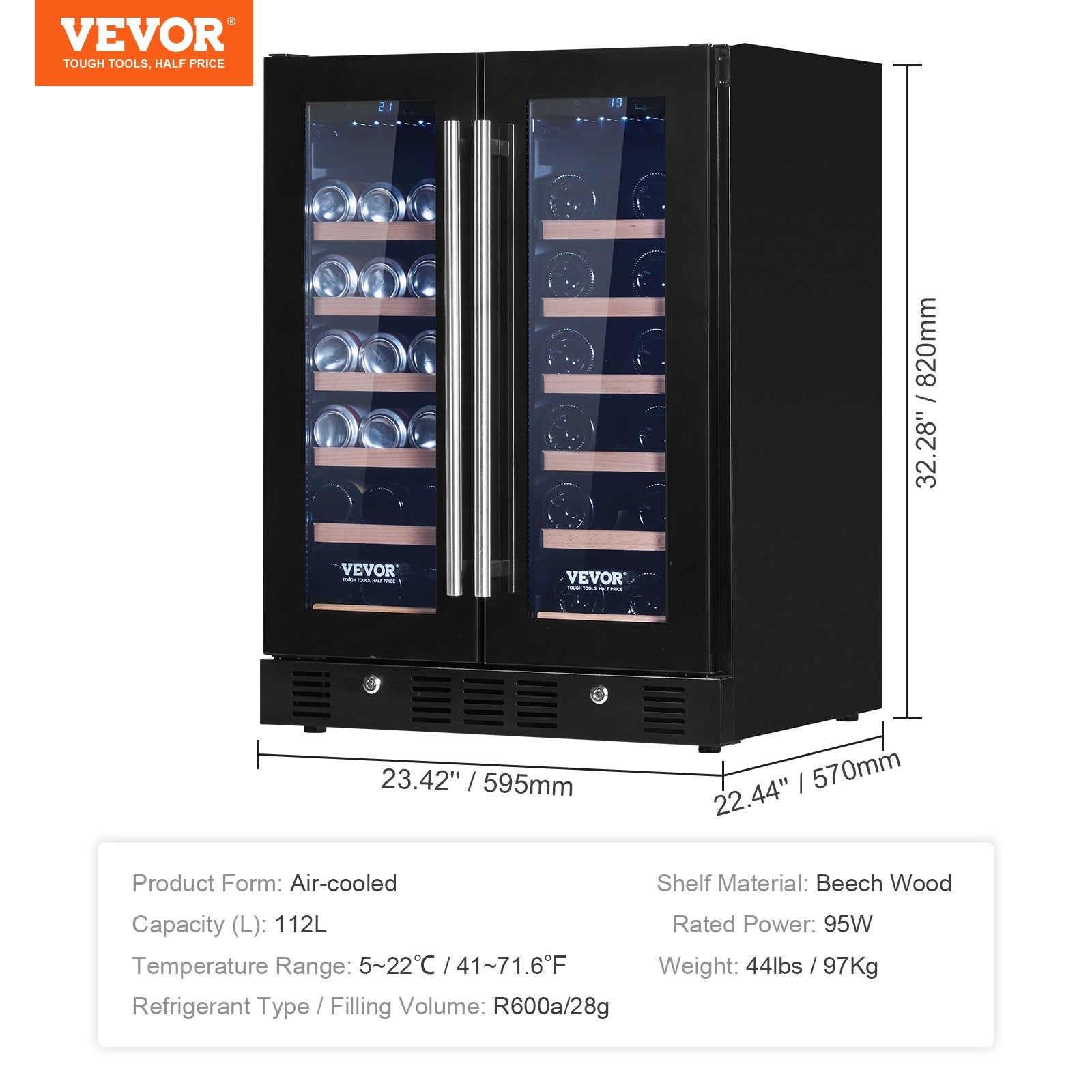 VEVOR 24" Wine and Beverage Refrigerator, 78 Cans and 20 Bottles Dual Zone Tempered Glass Door, Digital Temper Control, Blue LED Light, Child Lock, Built-in or Freestanding, ETL