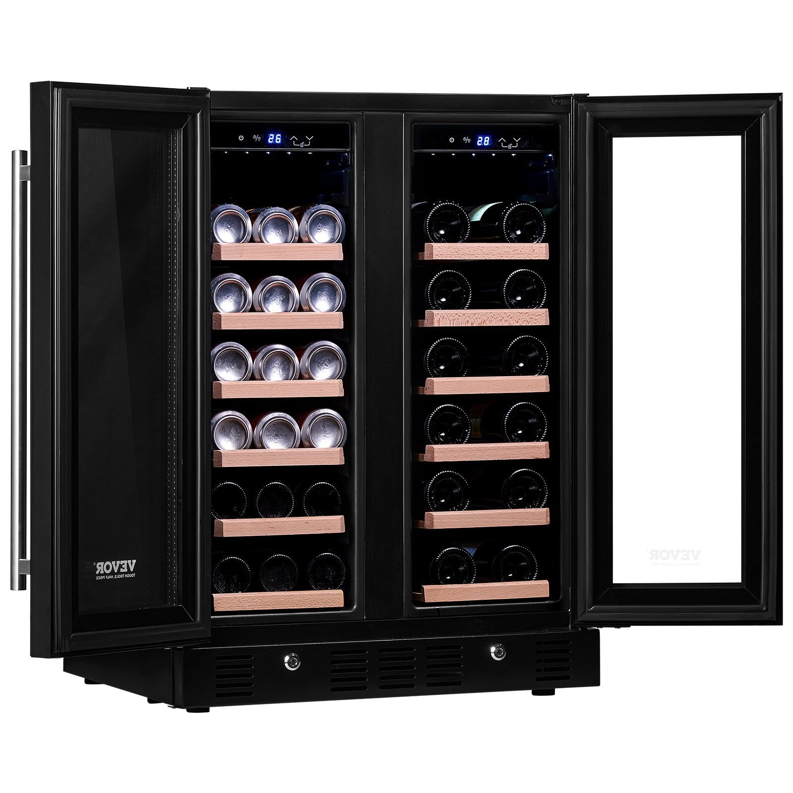 VEVOR 24" Wine and Beverage Refrigerator, 78 Cans and 20 Bottles Dual Zone Tempered Glass Door, Digital Temper Control, Blue LED Light, Child Lock, Built-in or Freestanding, ETL