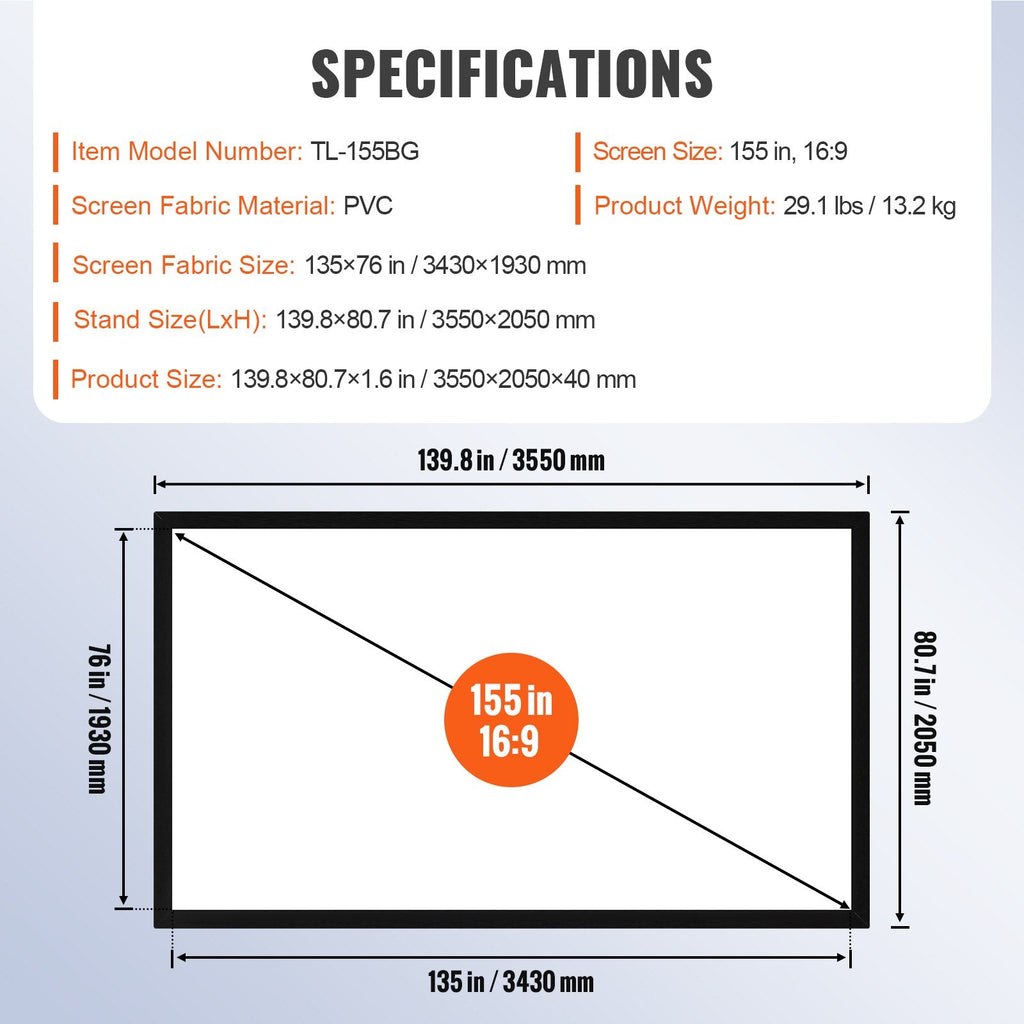 VEVOR Projector Screen Fixed Frame 155inch Projector Screen 16:9 4K HD Movie Screen Wall Mounted for Movie Theater Home