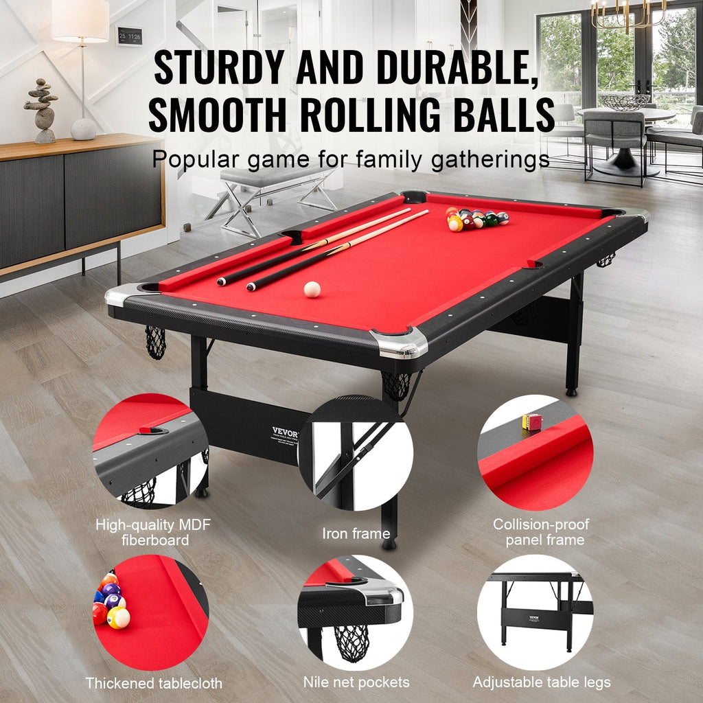 VEVOR Billiards Table, 7 ft Pool Table, Portable Foldable Space-Saving Table, Billiard Table Set Includes Balls, Cues, Chalks and Brush, Black with Red Cloth, Perfect for Family Game Room Kids Adults