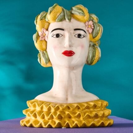 SICILIAN FEMALE BUST DECORATIVE VASE LADY LEMON YELLOW-GREEN HAND-PAINTED