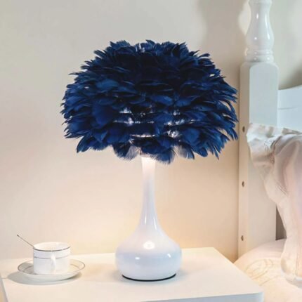 FEATHER DARK BLUE TABLE LAMP ELEGANT FOR BEDSIDE WITH TOUCH CONTROL