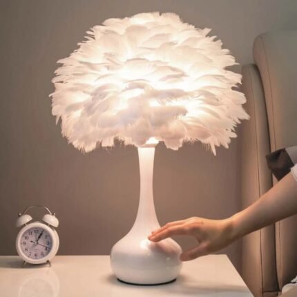FEATHER WHITE TABLE LAMP ELEGANT FOR BEDSIDE WITH TOUCH CONTROL