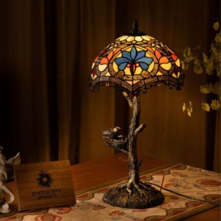 TIFFANY TABLE LAMP BLUE PETAL GROVE WITH STAINED GLASS SHADE